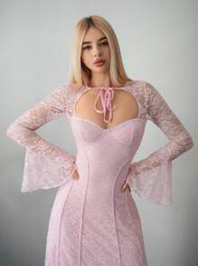 Sweetina Đầm dài hở lưng phối lưới ren chắp vá có gọng - Hồng - Xem 3