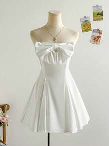 Soleia Women's Vacation White Bow Ruffle Hem Bandeau Mini Dress, Fashionable As Layering Or Standalone Dress, Suitable For Party, Wedding Season, Afternoon Tea Cute For Women Clothes Women Summer Clothing, Back To School, Back To School Season, Little White Dress, Graduation Season, White Dress, White Puffy Dress, Cute Three-Dimensional Bow - White - View 1