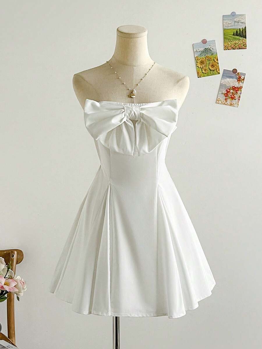 Soleia Women's Vacation White Bow Ruffle Hem Bandeau Mini Dress, Fashionable As Layering Or Standalone Dress, Suitable For Party, Wedding Season, Afternoon Tea Cute For Women Clothes Women Summer Clothing, Back To School, Back To School Season, Little White Dress, Graduation Season, White Dress, White Puffy Dress, Cute Three-Dimensional Bow - White - View 1