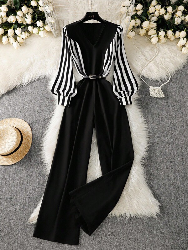 GlowEve Women's Contrast Color Striped Patchwork Lantern Sleeve Jumpsuit