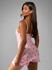 MISSGUIDED Cherry Print Sleep Dress Mini Length Plunge Neck Spaghetti Strap Nightwear Slip Dress Lace Trim Ruffle Hem Loungewear - Multicolor - View 2