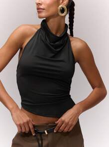 MUSERA Draped Asymmetric Halterneck Top Romantic Vacation Holiday Ibiza Festival Holiday Night Out Going Out Tops Club Winter  Fall Elegant Spring Summer - Black - View 5