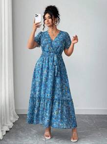 Elenzga Plus Size Women Chiffon Floral Print V-Neck Flutter Sleeve Ruffle Waist Tie Elegant Summer Dress - Multicolor - View 7