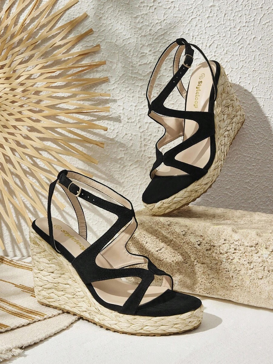 Styleloop Women Straw Woven Platform Wedge Sandals, Summer Vacation Boho Style - Black - View 1
