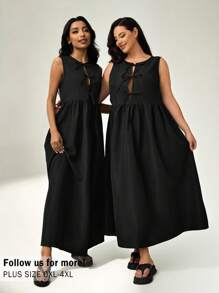 Auralis Robe de mode de base noire sans manches à grande taille avec nœud pour femme - Noir - Voir 7