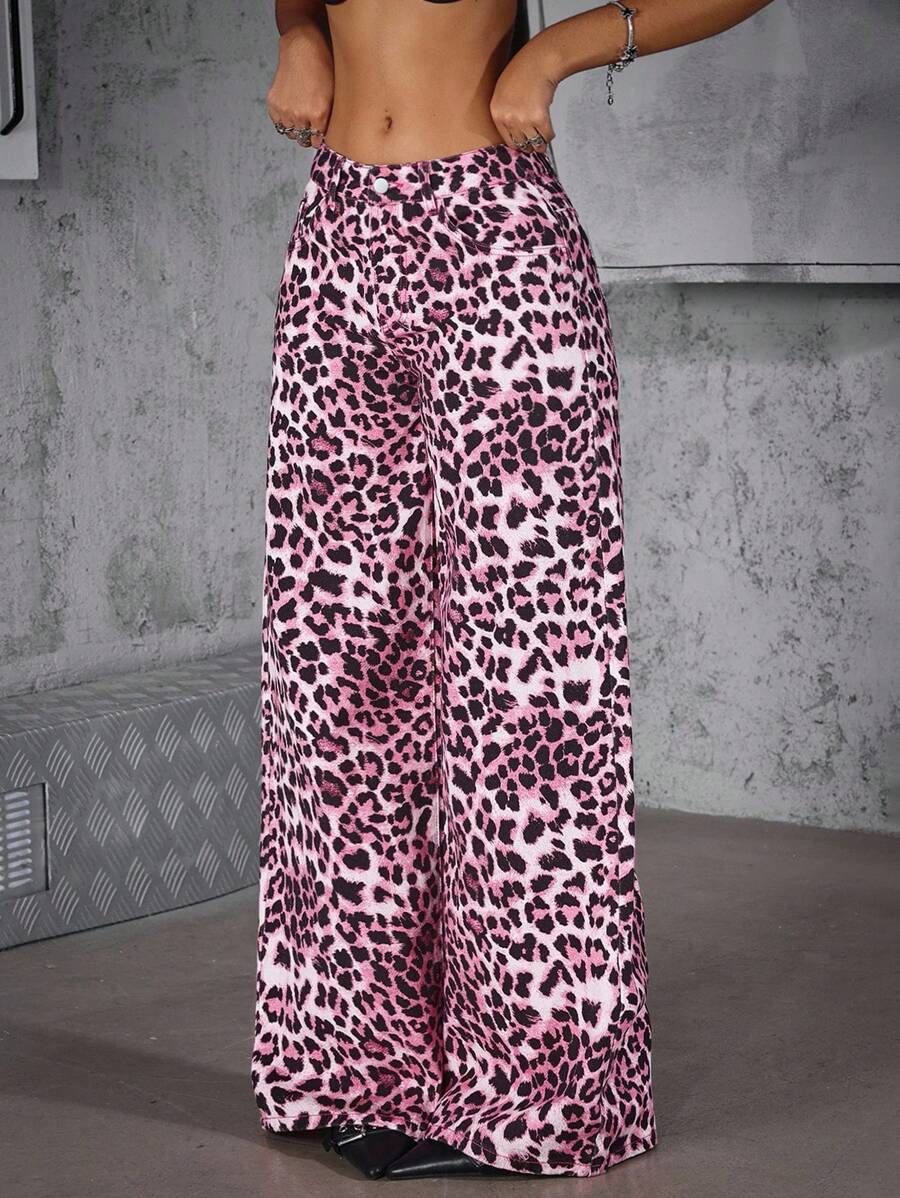 SHEIN ICON Women's Leopard Print Pocket Wide Leg Loose Casual Jeans - Blue - View 1
