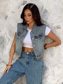 Livesso Women's Sleeveless Short Distressed Denim Jacket With Rhinestones - Blue - View 4