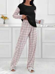 SHEIN Cottnline 2件套棉质格子衬衫和格子图案休闲裤家居服套装 - 黑色 - 查看 3