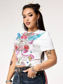 ROMWE Avant Plus Size Y2K Vintage Style Heart Wing Rose Print Bodycon T-Shirt - White - View 5