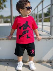SHEIN 2pcs/Set Toddler Boys Red & Black Cartoon Figures Print Round Neck Pullover Top With Drawstring Waistband Shorts,Summer Casual Beach Sports Outfits - Multicolor - View 5