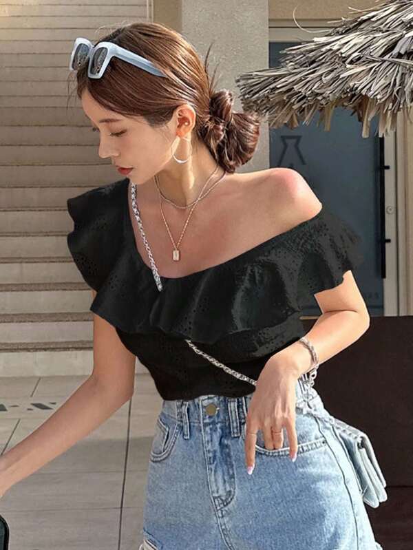 DAZY Solid Ruffle Trim Asymmetrical Neck Tee