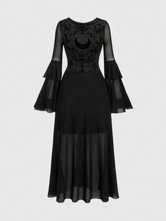 Goth Summer Vacation Boho Gothic Retro Baroque Vine & Moon Pattern Flocked Flare Sleeve Dress For Women