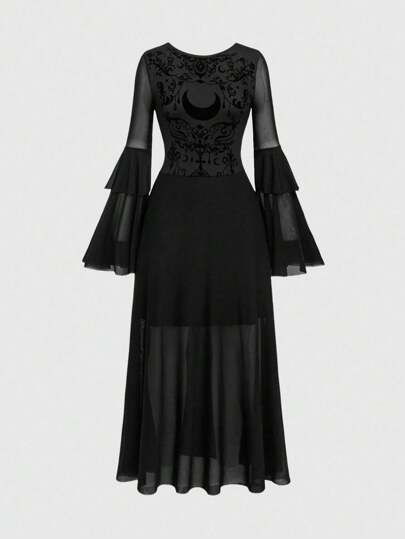 Halloween Summer Vacation Boho Gothic Retro Baroque Vine & Moon Pattern Flocked Flare Sleeve Dress For Women