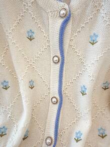 Regalyn Plus Size Casual Floral Embroidery Trim Front Button Knitted Cardigan Winter Fall Autumn