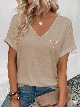 SHEIN Nouveau design T-shirt à col en V à manches courtes avec imprimé métallique en forme de cœur pour femmes