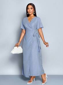 SOLERSUN Women's Casual Style Striped V-Neck Wrap Belt Tie Front Long Dress, Suitable For Commuting Outfit (Random Floral) - Royal Blue - View 3