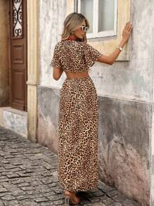 Brillora Woven Leopard Print Waist Hollow Short Sleeve Fitted Dress For Women