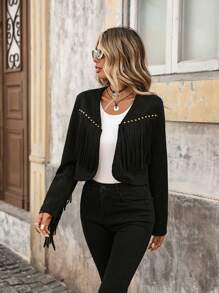 Brillora Fringe Trim Open Front Crop Jacket In Fall/Winter