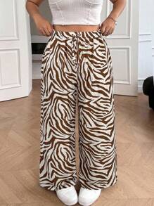 SHEIN EZwear Quần ống đứng giản dị sọc ngựa vằn nâu cỡ lớn - màu nâu - Xem 3