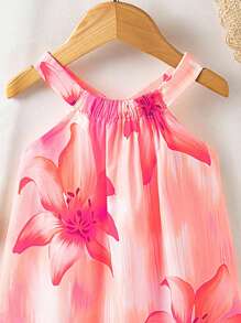SHEIN Playful Pals 女嬰粉色花卉掛脖細肩帶洋裝，可愛夏季度假穿搭，優雅甜美花卉印花，時尚休閒無袖日常穿著 - 粉色 - 查看 7
