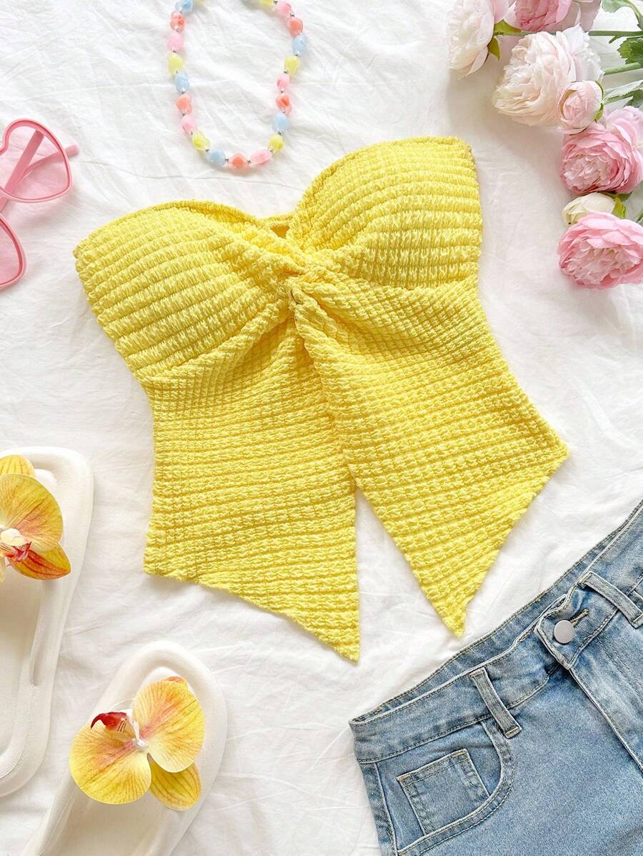 Soleia Áo Bandeau vải xoắn viền bất đối xứng cho nữ, màu vàng nhạt, thích hợp cho kỳ nghỉ, hẹn hò, trà chiều, ngày lễ, lễ hội âm nhạc, phong cách Boho - Màu vàng - Xem 1