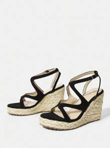 Styleloop Women Straw Woven Platform Wedge Sandals, Summer Vacation Boho Style - Black - View 3