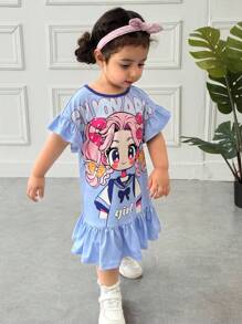 SHEIN Baby Girls' Loose Casual Simple Comfortable Round Neck Pullover Cartoon Pattern Ruffle Hem Dress - Blue - View 6