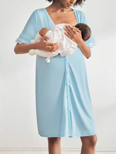 BloomMama Maternity Short Sleeve Nursing Nightgown With Lace&Button,Fashion Loungewear Sleepwear Pajama Dress Sleep Shirt