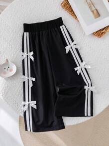 SHEIN 年轻女孩百搭休闲黑色蝴蝶结松紧腰宽松裤 - 黑色 - 查看 10