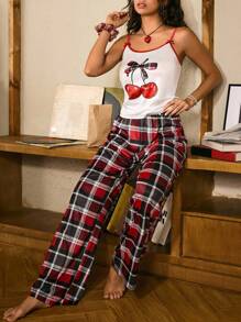 Conjunto de pijama de mujer con estampado de cereza y cuadros con cinta con letras - Blanco - Ver 5