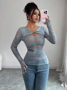 Modelyn Women's Blue Digital Print Mesh Twist Front Long Sleeve Top - Dusty Blue - View 1