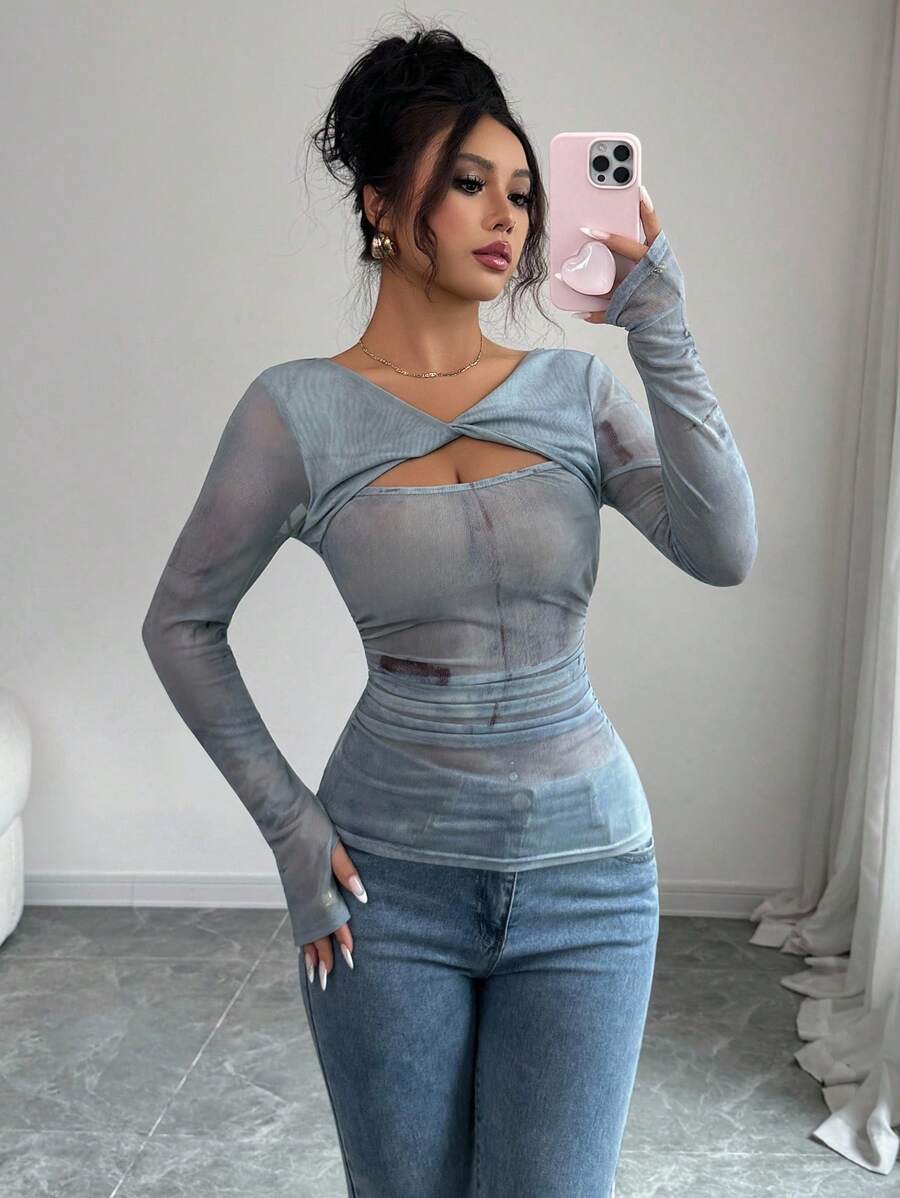 Modelyn Women's Blue Digital Print Mesh Twist Front Long Sleeve Top - Dusty Blue - View 1