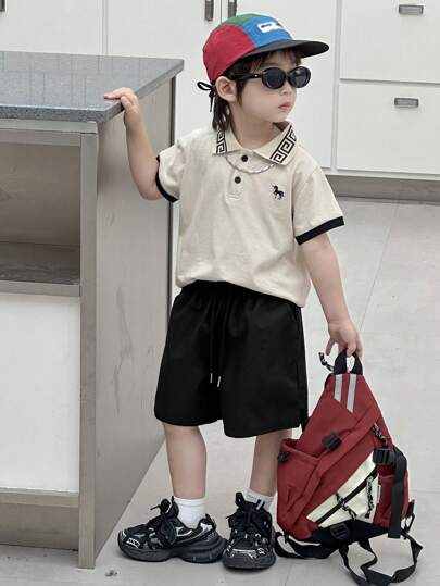 Dazy Kids 男童撞色短袖T恤和短裤套装，秋季返校服装