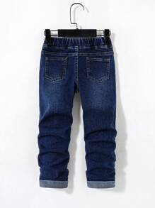 SHEIN 年轻男孩休闲时尚男孩服装舒适松紧腰带蓝色弹力牛仔裤适合日常穿着和返校服装