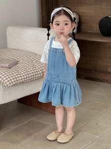 Dazy Kids 韩版女童婴幼儿休闲褶皱牛仔背带连衣裙 - 藍色 - 查看 9