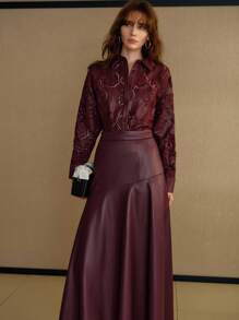 MOTF PREMIUM VÁY XOĂN BÊN NGOÀI CÓ KHÓA KÉO BẰNG DA PU - Màu Đỏ Sâu - Xem 5