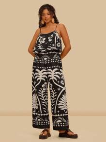 Travachic Plus Size Tropical Print Sleeveless Jumpsuit, Casual Resort Wear - Black and White - View 1