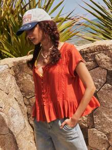 Bohemela 休闲纯色梭织宽松女式衬衫 - 橘色 - 查看 5