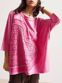 Bohemela Women's Casual Solid Color Knit Round Neck Short Sleeve Loose Wash T-Shirt Pink Top Pink Sweater Pink Shirt Embroidered Top Womens Pink Top