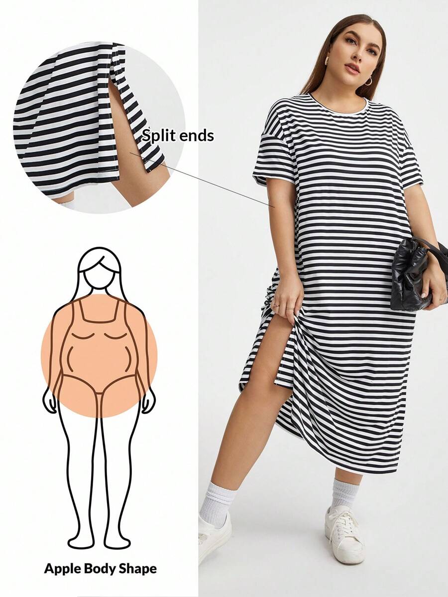 SHEIN Essnce Women's Plus Size Striped Round Neck Hem High Slit Summer Short Sleeve Robe Dress - Black and White - View 1