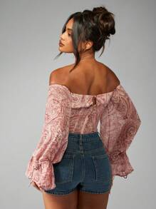 MISSGUIDED 佩斯利雪纺露肩紧身胸衣泡泡袖衬衫节日文艺复兴波西米亚风上衣乡村风夏季春季 - 彩色 - 查看 2