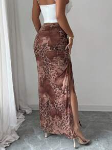 Rafferiza Falda A-line con raja alta, cintura elástica y estampado de leopardo en malla elegante para mujer - Café integral - Ver 3