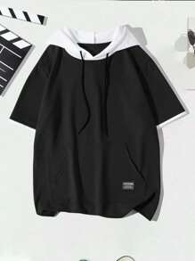 Manfinity EZcore Plus Size Men Contrast Color Patchwork Hoodie T-Shirt, Short Sleeve - Black - View 1