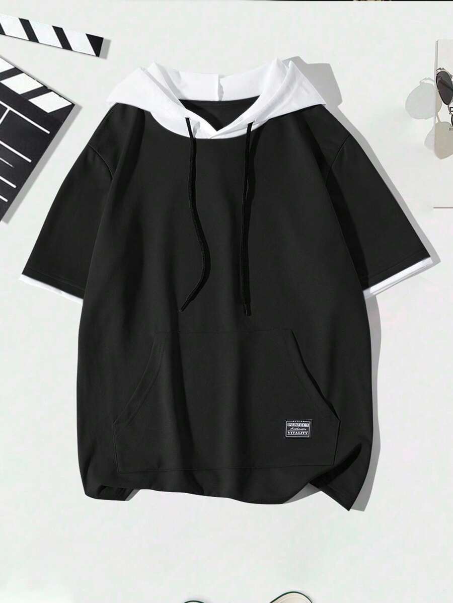 Manfinity EZcore Plus Size Men Contrast Color Patchwork Hoodie T-Shirt, Short Sleeve - Black - View 1