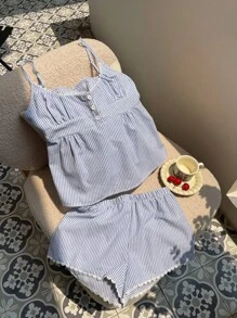 Comfortcana 2pcs/Set Plus Size Women's Striped Sleeveless Top And Shorts Set, Vacation Style, Spring/Summer,Refreshing,Striped,Babydoll Top And Shorts 2pcs,Kawaii,Cute,Y2k Clothes,Back To School - Blue - View 6