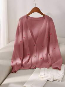 CosyJoli Plus Size Casual Knitted Cardigan With Heart Embroidery In Fall/Winter - Pink - View 1