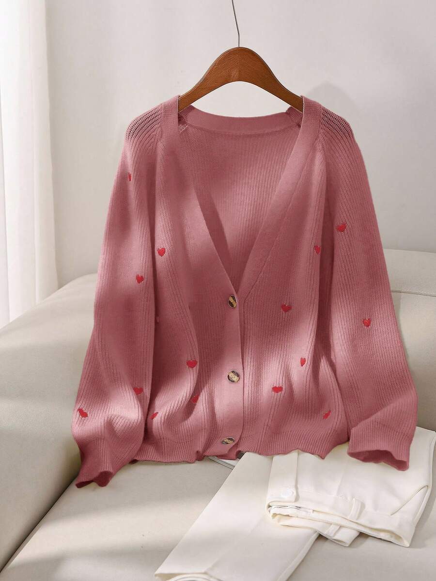CosyJoli Plus Size Casual Knitted Cardigan With Heart Embroidery In Fall/Winter - Pink - View 1