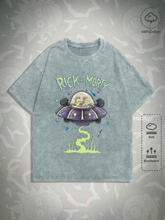 Rick and Morty | ROMWE Men Cartoon Graphic Round Neck Short Sleeve T-Shirt, Summer