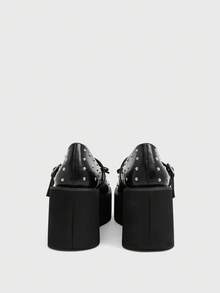 Sugerpunk Zapatos de cuña de plataforma de moda para mujer, de puntera redonda, con tachuelas en estilo gótico punk, decoración de lazo linda, apropiados para uso casual y actuaciones en el escenario - Negro - Ver 9