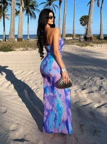 Radiana Women's Sexy & Elegant Island Vacation Dress, Blue Tie-Dye Print Fitted Dress, Backless Hollow Out Dress, Ocean-Style Dress, Women's Cruise Outfit, Women's Holiday Outfit, Mesh Dress, Ibiza Style Dress, Beach Dress, Holiday Outfit Swimsuit Cover Up Dress - Multicolor - View 7